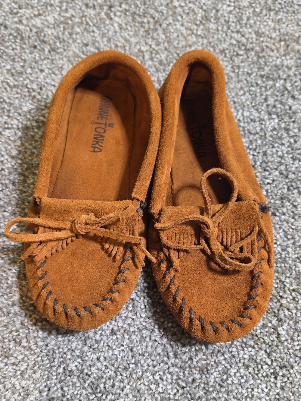 Minnetonka Kids Suede Moccasins in Chestnut 2